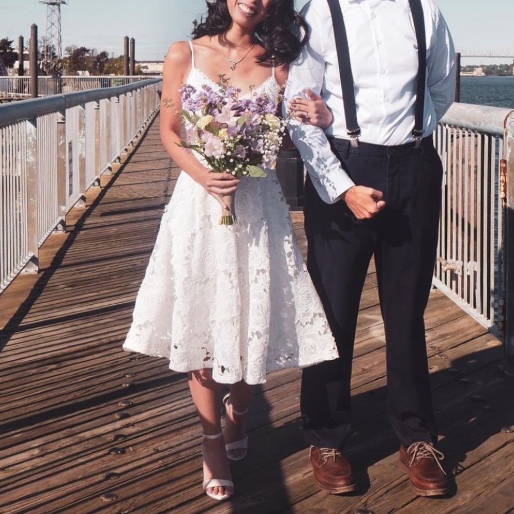 White casual lacy wedding dress